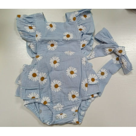

Newborn Baby Girls Summer Clothes Set Sleeveless Ruffled Chrysanthemum Print Romper + Bowknot Headband
