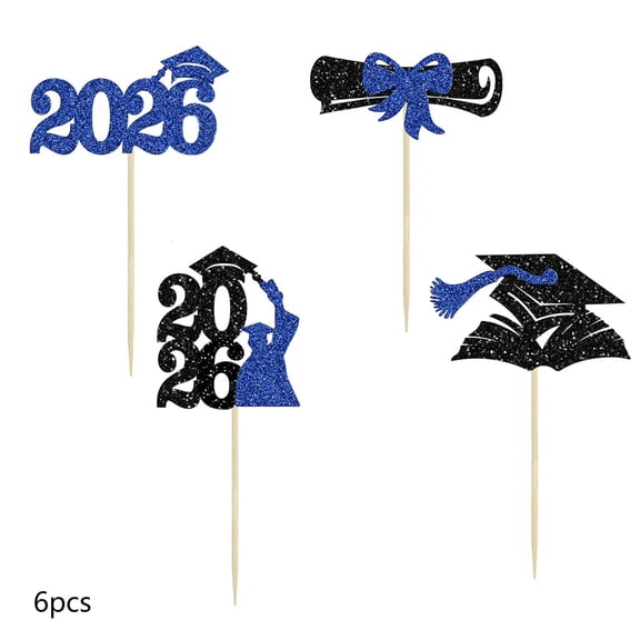 Grad Cupcake Toppers, 6 Styles Glittery Graduation Cap and Diploma Cake Decor, for Sandwiches, Cheese, Dessert, Party Supplies, 24pcs, Blue