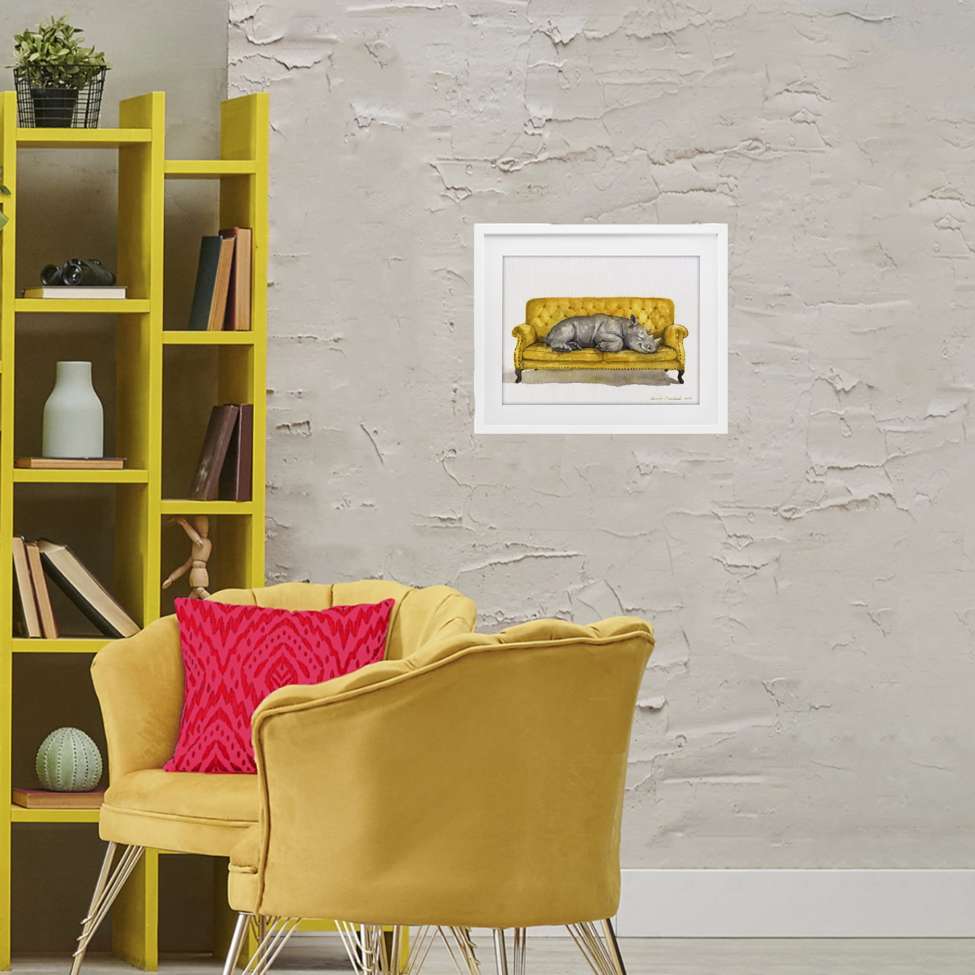 Stupell Industries Cute Rhino Resting White Framed Print Under Glass, design by George Dyachenko