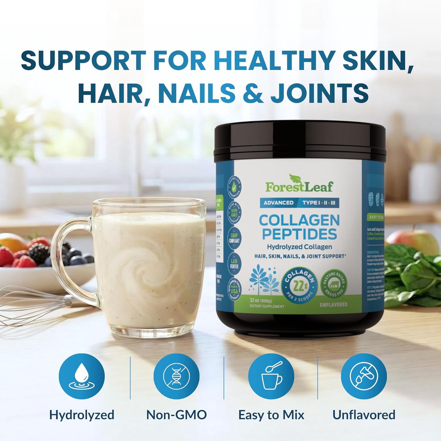 Forest Leaf Hydrolyzed Collagen Peptides Powder Unflavored Keto Collagen Protein Powder, 2lb, Type 1, 2 & 3