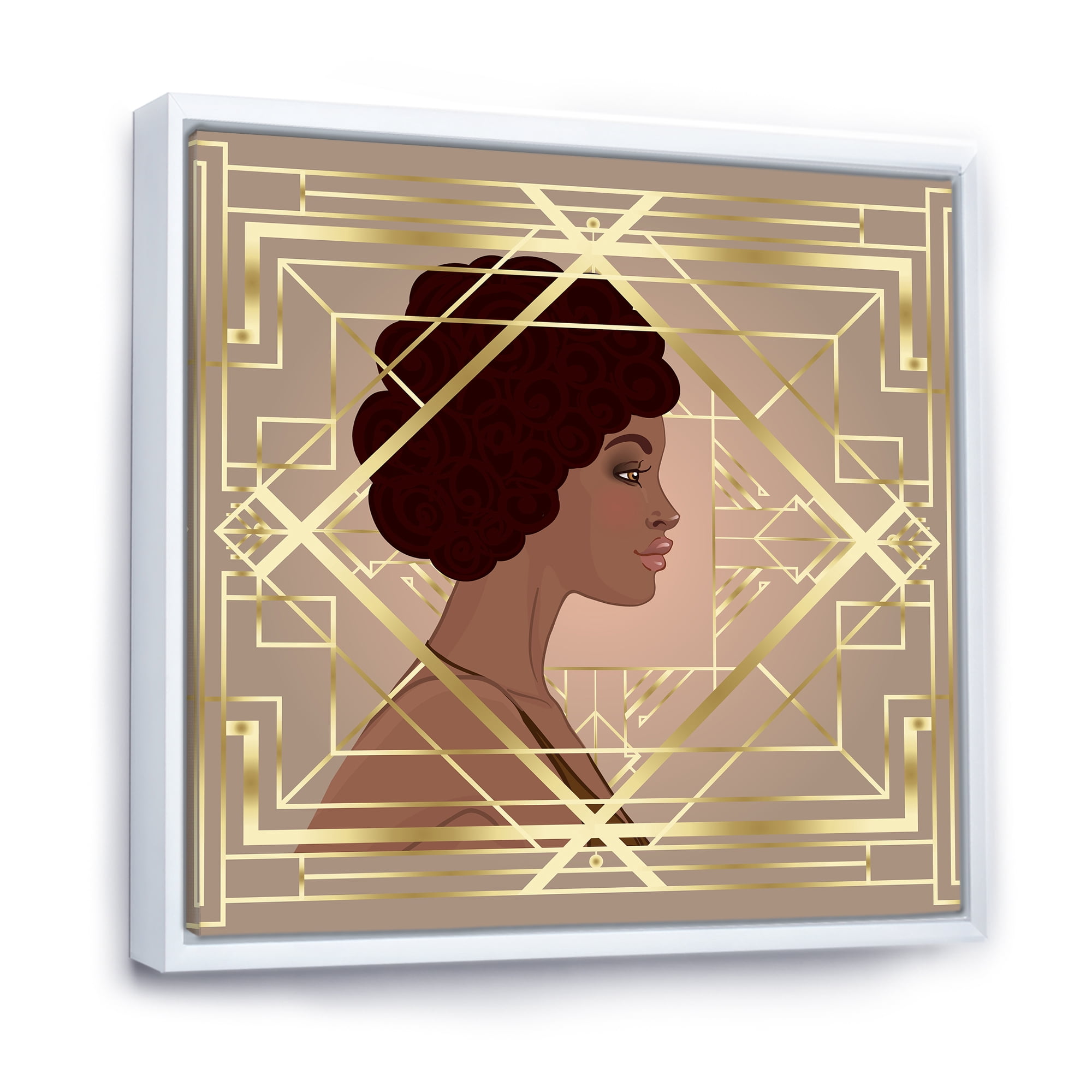 Designart 'Retro Girl In Golden Art Deco Geometrics II' Modern Framed Canvas Wall Art Print