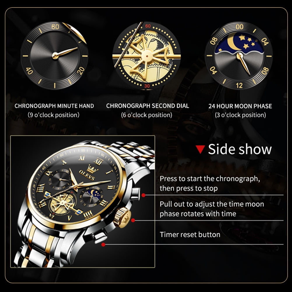OLEVS Mens Watches Chronograph Business Dress Quartz Stainless Steel Waterproof Luminous Date Wrist Watch For Men Black Dial