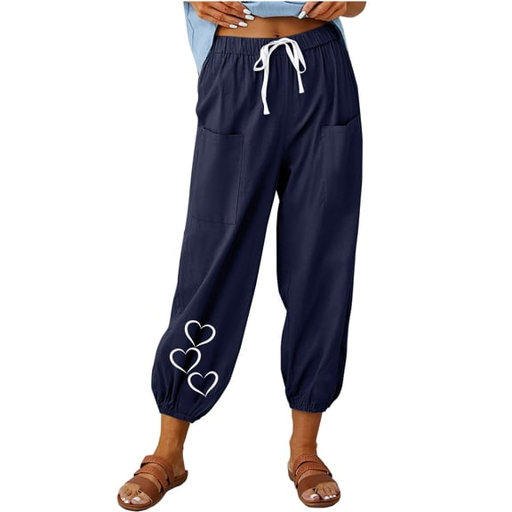 Wdfiry Women Summer Pull On Pants Casual Loose Cotton And Linen Printed High Waist Beach Trousers Tapered Pants with Pockets
