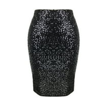 SWSMCLT Women's Stretch Elastic Calf Glitter Sparkly Shimmer Knee Length Midi Sequin Skirt Rave Outfit High Waist Retro Disco Dance Club Night Out Gala Bodycon Pencil Skirts Black Large
