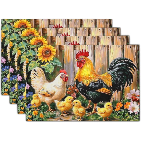 Rooster Placemat Set of 4, 12x18 Inch Country Rustic Chicken Sunflowers Wooden Fence Farmhouse Style Table Mats Heat-Resistant Washable for Country Home Cabin Kitchen Dining Decor