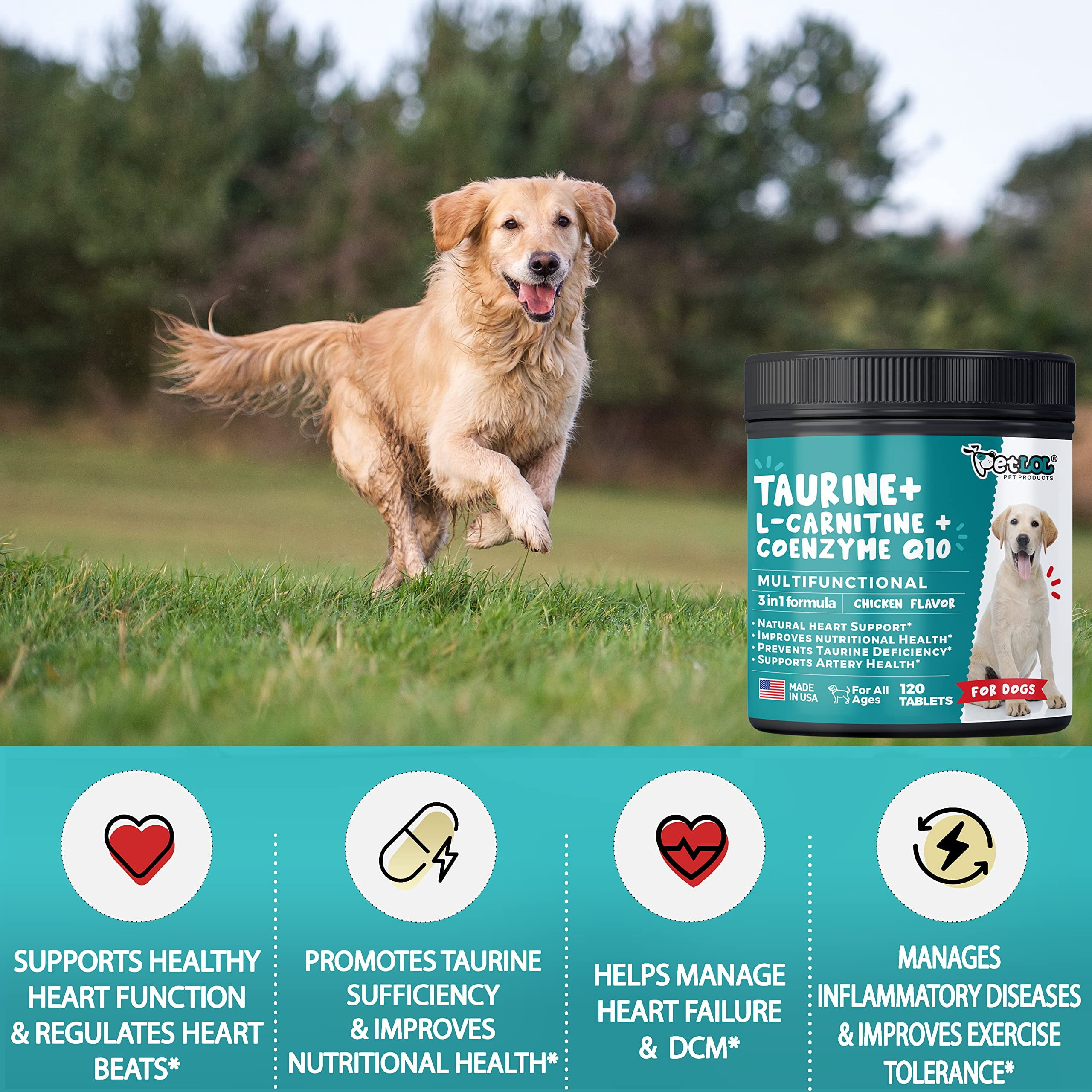 Suplemento PET LOL de taurina para perros con L-carnitina y CoQ10, 120 unidades