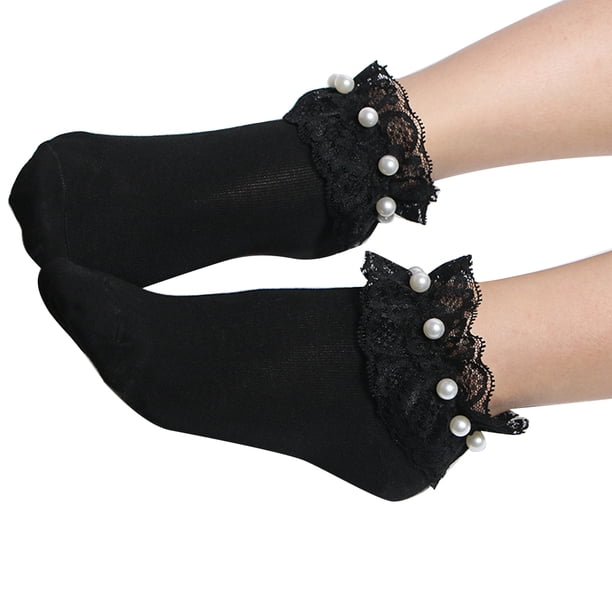 Calcetines retro Qarigey 1 par de encaje para mujer transpirables de algodón negro