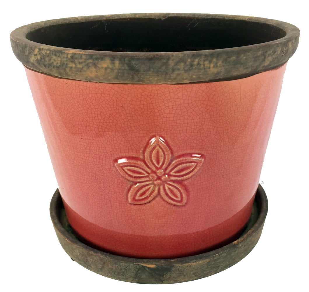 Brown Dogwood Design Ceramic Planter and Saucer plus Felt Feet 9 1/2