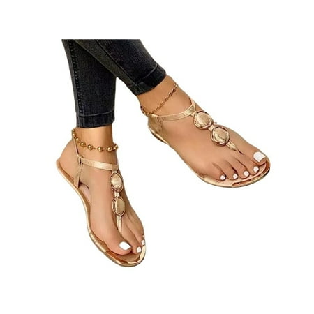 

Gomelly Women Thong Shoes Ankle Strap Flat Sandal Beach Sandals Non-Slip Ladies Womens Golden 8