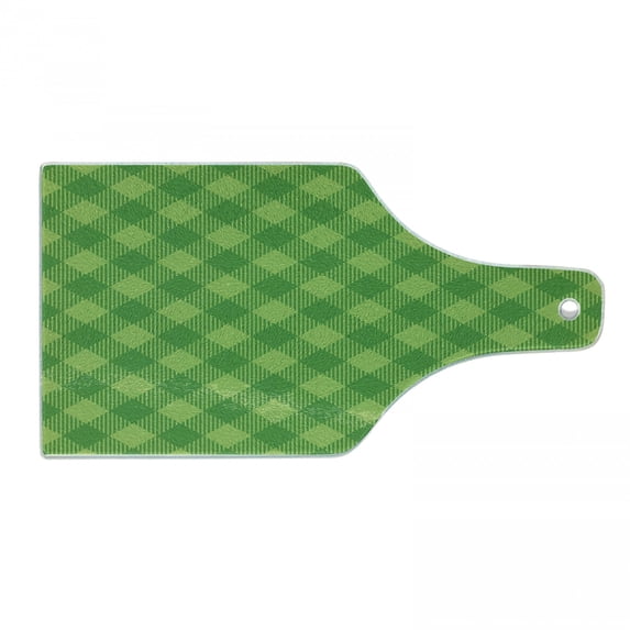 Irish Cutting Board, Retro Pattern in Vivid Green Cultural Checkered Traditional Tile, Decorative Tempered Glass Cutting and Serving Board, Wine Bottle Shape, Green Lime Green, by Ambesonne