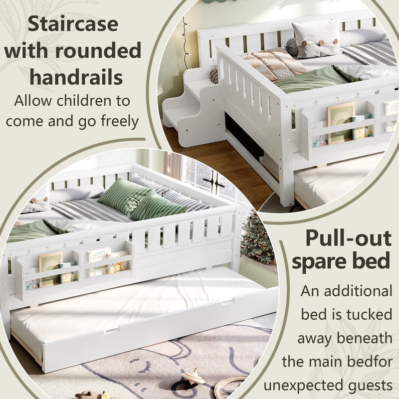Full Size Low-Profile Kid's Platform Bed with Built-in Bookshelves & Small Staircase, Wooden Bed Frame with Safety Rails & Trundle
