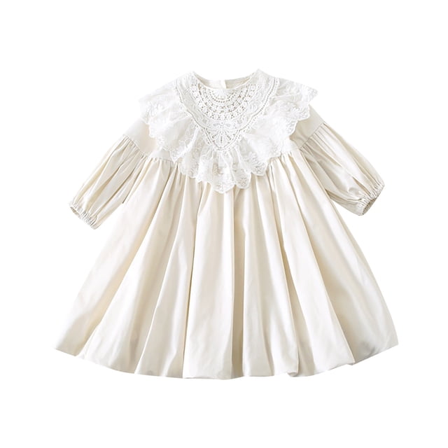 WEAIXIMIUNG Robes d'Été Mignonnes pour Filles 10-12 Longues Printemps Douces pour Fille Dentelle Manches Longues Douces Décontractées Col Rond Robe Ample pour 1 à 6 Ans