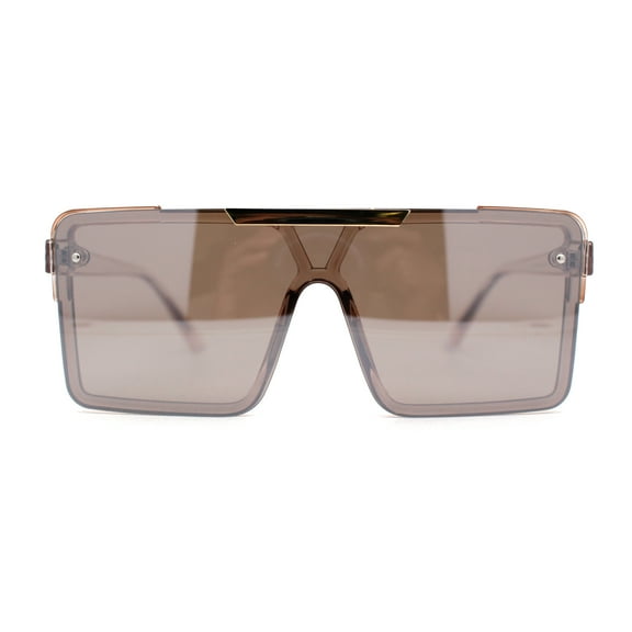 Mens Luxury Mod Rimless Block Lens Shield Oversize Sunglasses Pink Brown Mirror