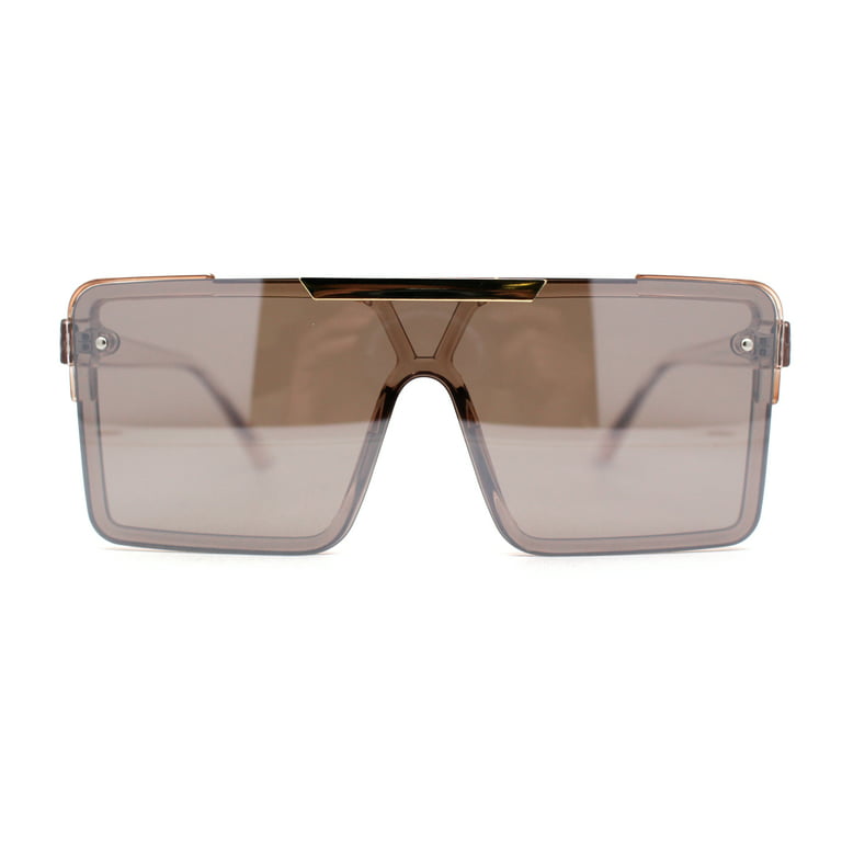 Mens Luxury Mod Rimless Block Lens Shield Oversize Sunglasses Pink Brown  Mirror 