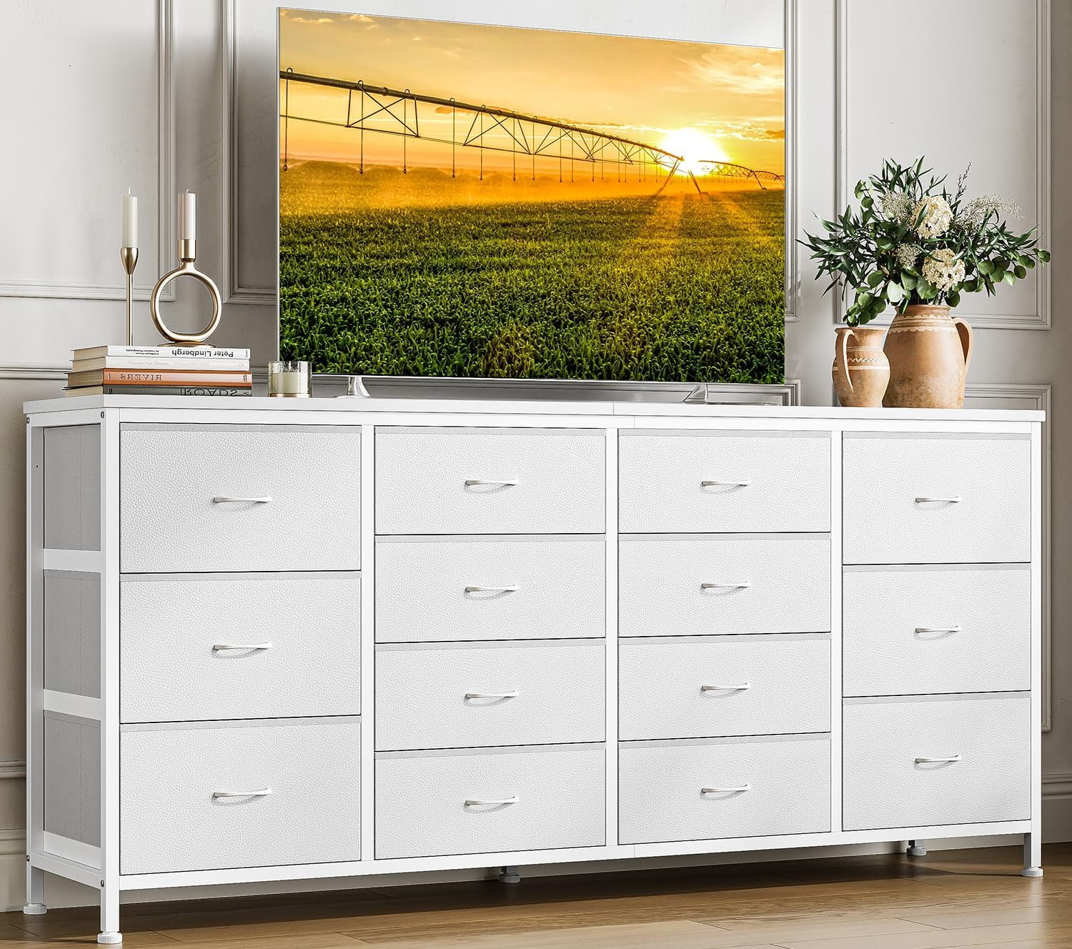 M optimized 63" Dresser for Bedroom, TV Stand for 65 70 75 inch TVs, 14 Drawer Dresser with Power Outlets, Large Long Fabric Dresser Entertainment Center
