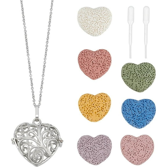 Aromatherapy Essential Oil Diffuser Necklaces Love Heart Hollow Locket Pendant Necklace Tree of Life Pattern Locket Pendant Scent Necklace with 7 Lava Rocks Stones for Men Women Gifts