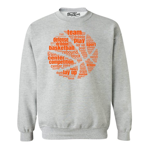 Shop4Ever Men's Basketball Word Cloud Orange Ball Silhouette Crewneck Sweatshirt Medium Sports Grey
