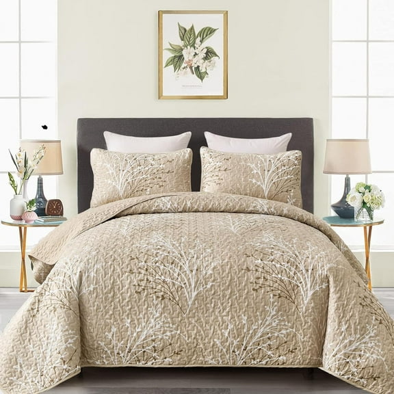 Beige Quilt Set Queen Size - Branch Botanical Pattern Bedspread Coverlet Set, 3 Piece Cream Beige Floral Quilt Bedding Set, Soft Lightweight Microfiber Bed Cover for All Season, 96''x90''