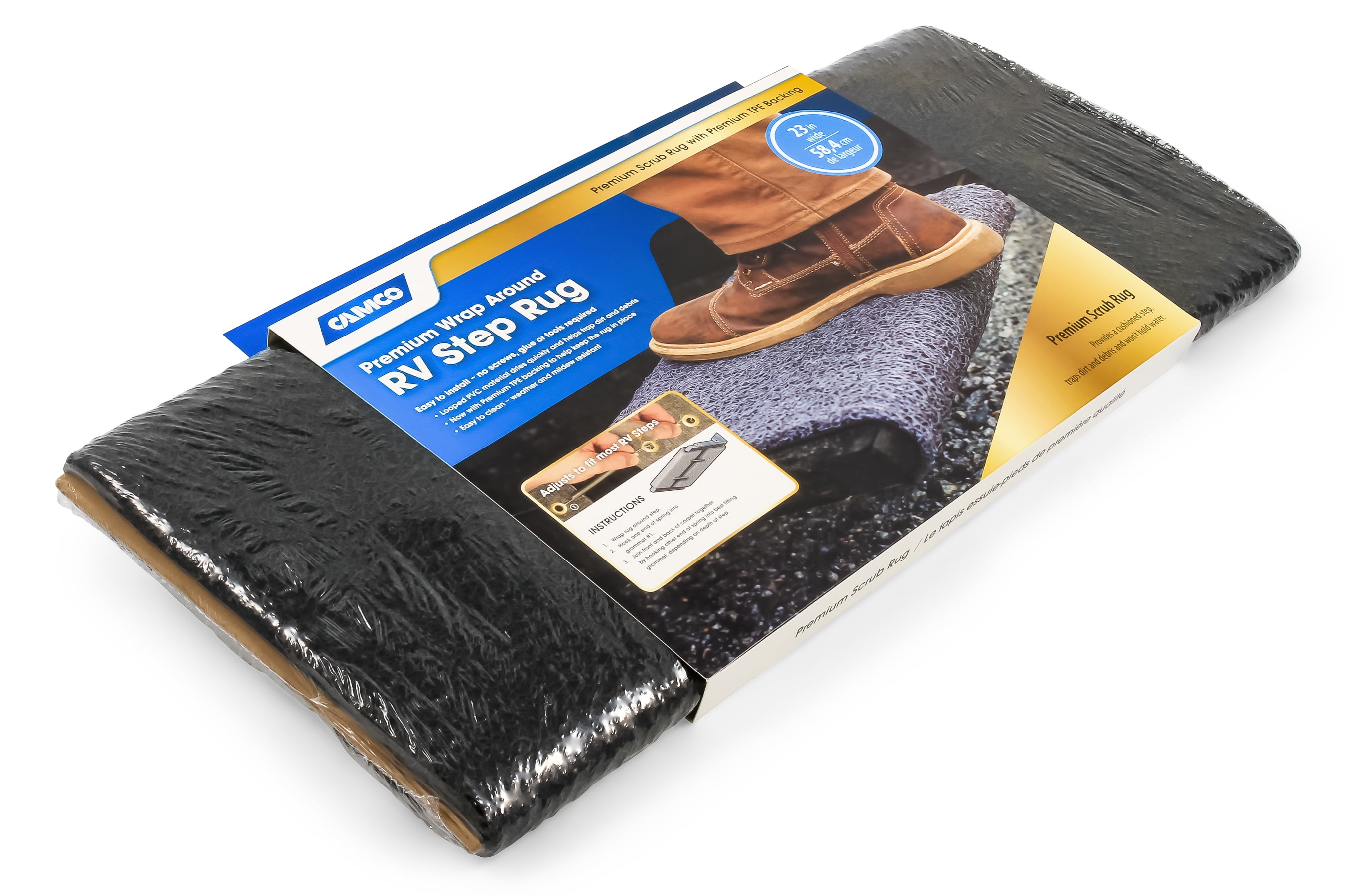 Camco RV Premium Scrub Rug Looped PVC with TPE Backing, 23"L x 22"W, Black (42966)
