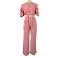 thumbnail image 3 of TNOBHG Women Top Pants Suit 2 Pcs/set Women Crop Top Pants Set V Neck Half Bubble Sleeves High Waist Wide Leg Single-breasted Lace-up Solid Color Commute, 3 of 8