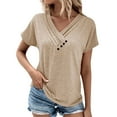 thumbnail image 1 of MPWEGNP Beige Plus Size Womens Summer Tops Ladies Casual V Neck Short Sleeve T Shirt Pleated Solid Color Button Top, 1 of 8