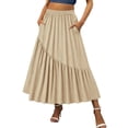 thumbnail image 3 of QATAINLAV Women's Boho Maxi Skirts High Waist Pleated A-Line Flowy Swing Asymmetric Tiered Long Skirts with Pockets Beige S, 3 of 8