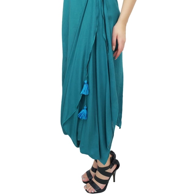 Bimba Robe Maxi à Carreaux Bleu Sarcelle avec Écharpe à Franges Tenue de Vacances-14