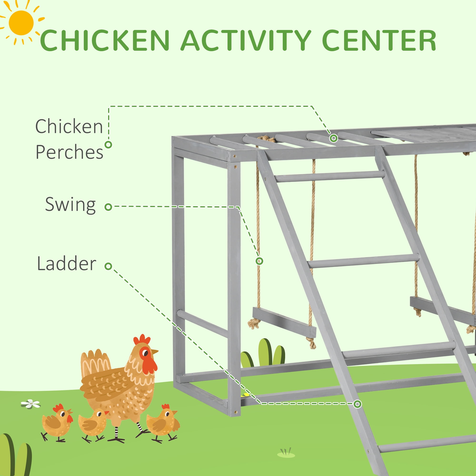 Chicken Activity Play with Swing Set for 3-4 Birds, Wooden Chicken Coop Accessory with Multiple Chicken Perches & Hen Ladder Gray