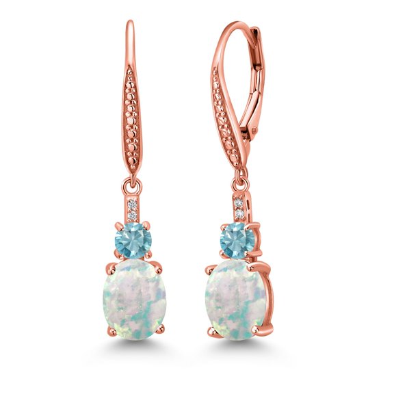 Gem Stone King 18K Rose Gold Plated Silver White Opal and Blue Zircon Dangle Earrings for Women with Lab Grown Diamond (3.03 Cttw, Oval Cabochon 9X7MM)