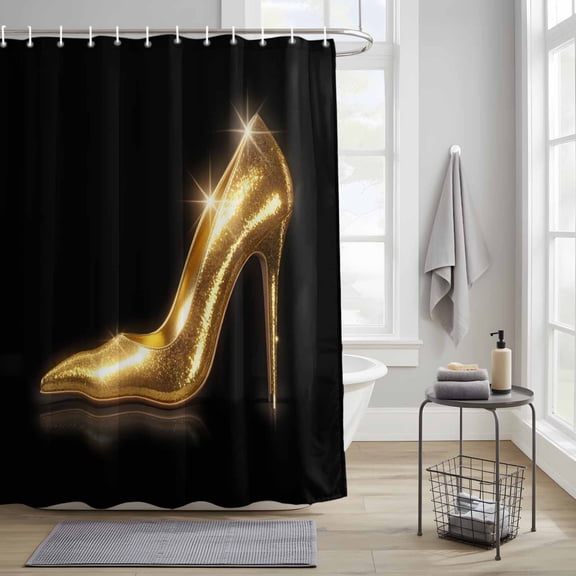 Bathroom Shower Curtain Golden Glowing High Heels Waterproof Shower Curtains with Hooks, Women Black Back Bath Curtains Bathtub Curtain Home Decor 36x72in