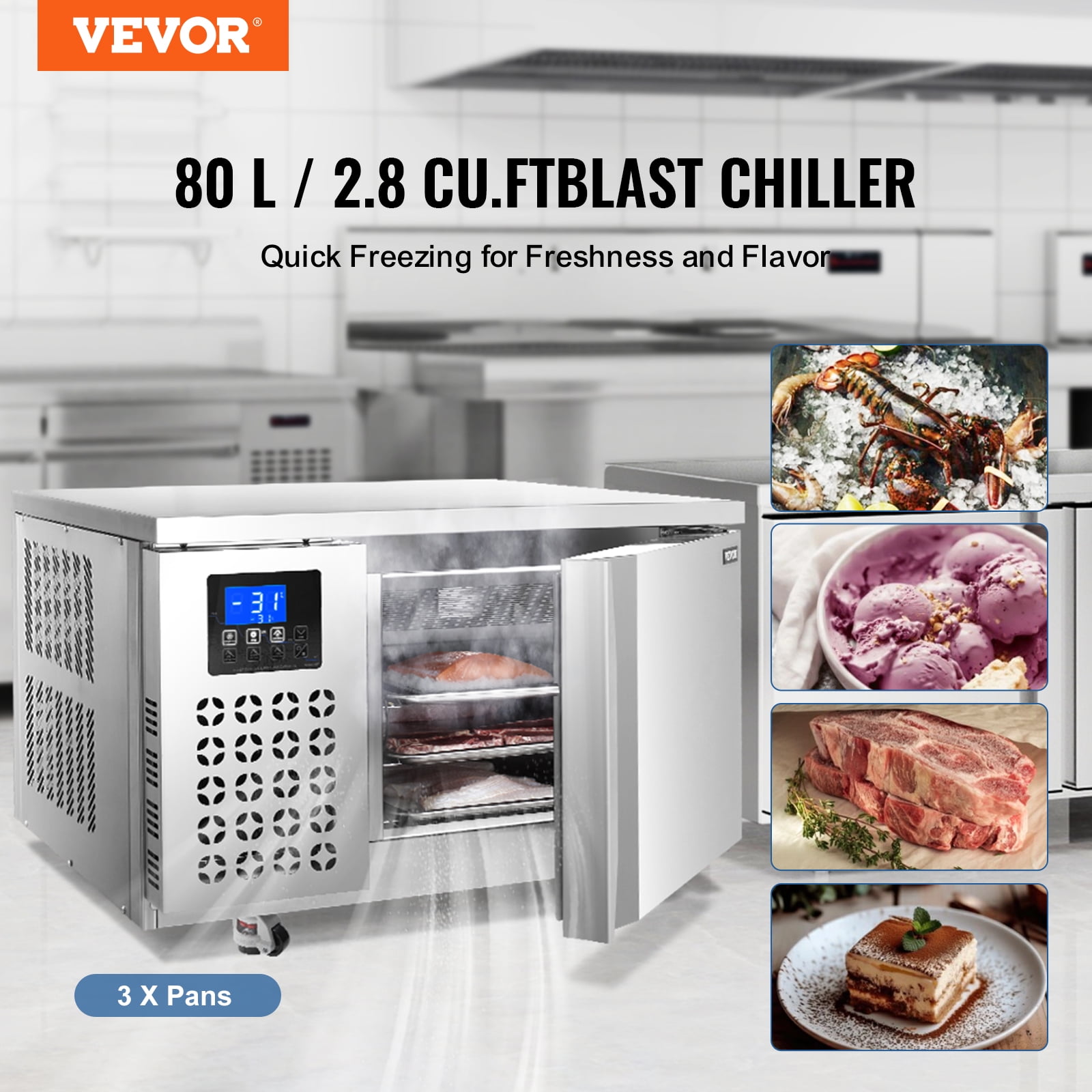 VEVOR Commercial Blast Freezer, 80 L / 2.8 Cu.ft Blast Chiller with 3 Trays,Blast Chiller Freezer Chest with 4 Freezing Modes,Stainless Steel Food Blast Freezer with Casters for Restaurant,Seafood
