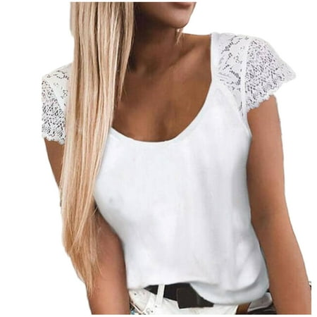 

Bospose O-Neck Shirt For Women Women Short Sleeve Shirt Corset Top Lace Top White Blouse Women Casual Stitching Feather Print Pullover Blouse T-Shirt Tops Lady Panel Top Xl