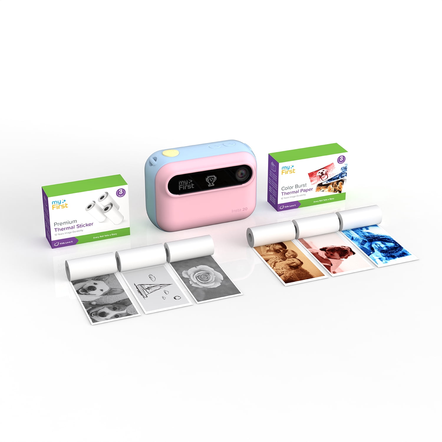 myFirst Dual Screen Kids Instant Print Camera Insta 20 Bundle Set, Cotton Candy Mix - Includes 400+ Prints & Crossbody Bag