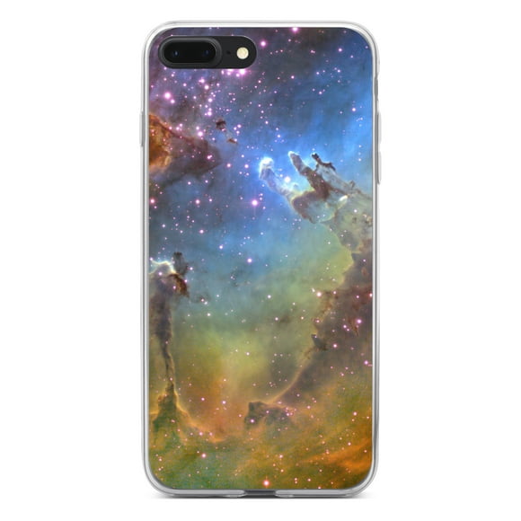 DistinctInk Clear Shockproof Hybrid Case for iPhone 7 PLUS / 8 PLUS (5.5" Screen) - TPU Bumper, Acrylic Back, Tempered Glass Screen Protector - Eagle Nebula Orange Blue - Love of Astronomy