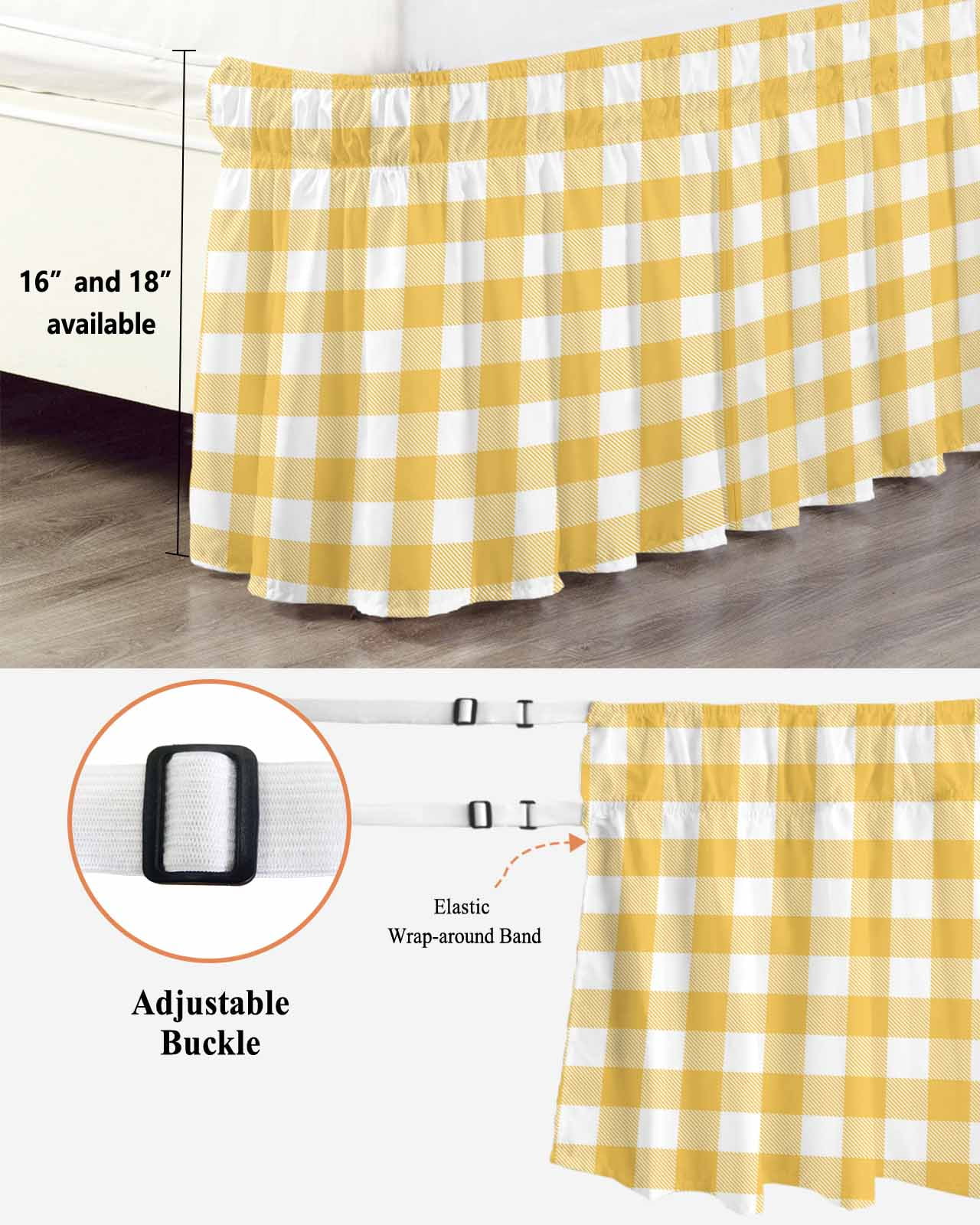Pastoral Style Bed Skirt King Size 16" Drop Yellow Lattice Ruffled Wrap Around Bed Skirts Adjustable Elastic Bedskirt Dust Ruffle for King Size Bed