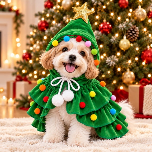 Dog Christmas Outfit, Christmas Tree Cape Costume with Star Accent, Adjustable Soft Pet Clothes for Holiday Photos Parties