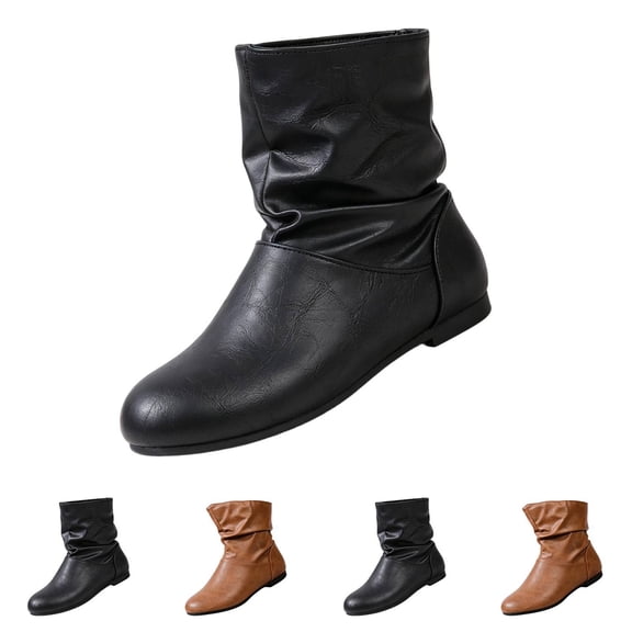 Women's Leather Slouchy Flat Ankle Boots Comfortable Round Toe Casual Pull On Booties Fall Winter Fashion Low Heel Short Boots Black 35