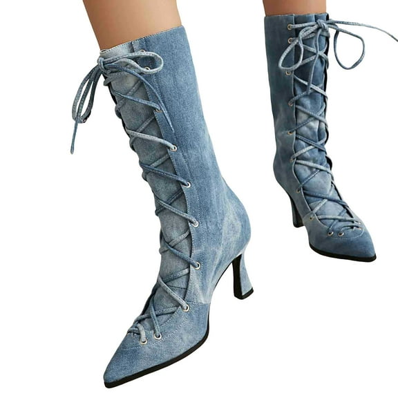 Women's Denim Mid Calf Boots Fashion Pointed Toe Fall Booties Comfortable Slip On Mid Kitten Heel Lace Up Riding Boots Blue Size 6.5