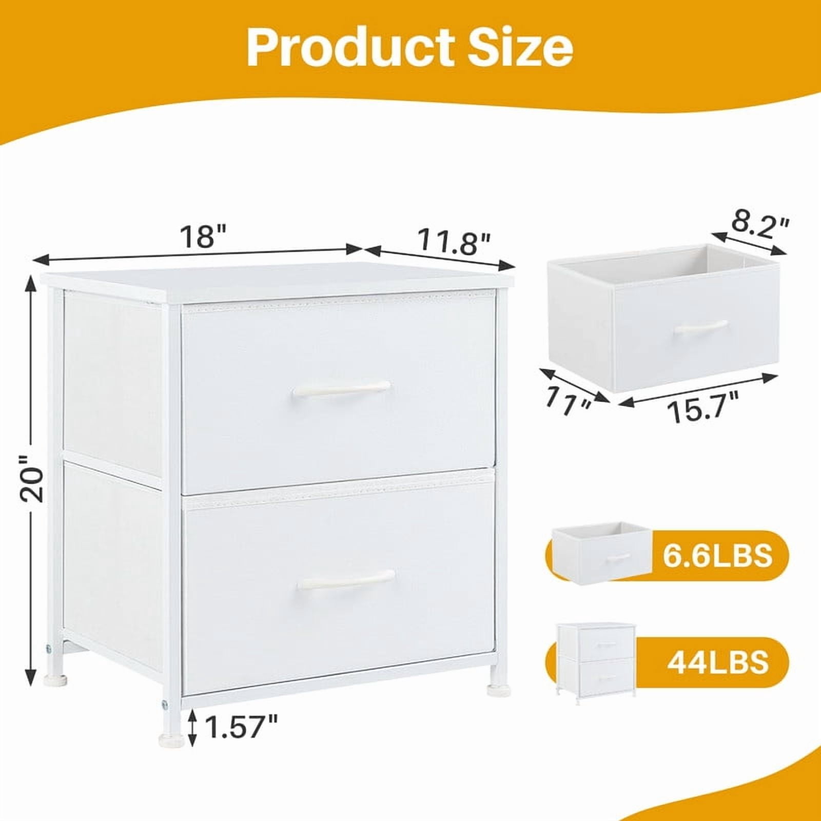 TINKLE WELL Nightstand Set of 2 with 2 Fabric Drawers, End Table 20 inch Tall Side Table for Bedroom, Closet, or Dorm Storage, White