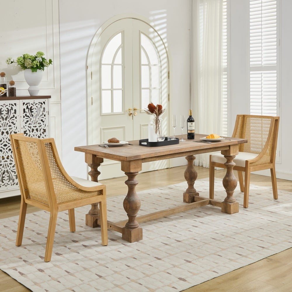 Rattan Dining Chair with Arms, Solid Wood Frame, Linen Upholstered Seat, Rustic Farmhouse Side Chair for Kitchen, Dining Room, Living Room, Beige