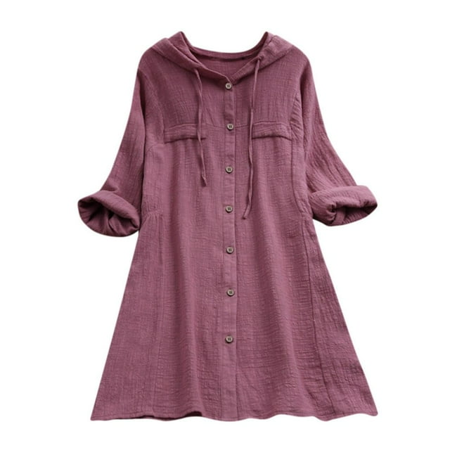 Womens Casual Button Plus Size Cotton Tops Tee Shirt Hooded Pocket Loose Blouse