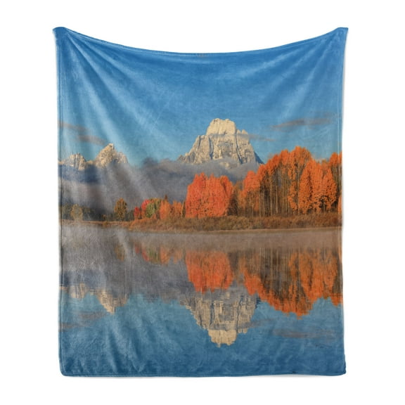 Autumn Soft Flannel Fleece Blanket, Grand Teton National Park Reflection on Lake Landscape of Tangerine Tones Aspen Tree, Cozy Plush for Indoor and Outdoor Use, 50" x 70", Multicolor, by Ambesonne