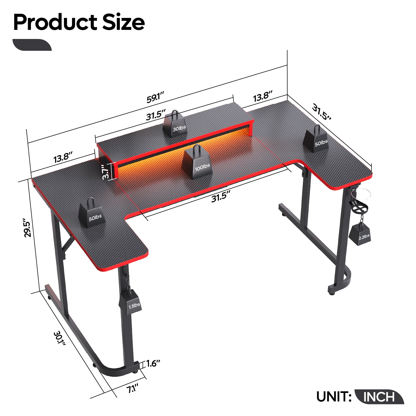 Bestier U-shaped Gaming Desk with Monitor Stand, LED Lights, Headphone Hooks, Cup Holder, 31.5 x 59 in, Carbon Fiber Black
