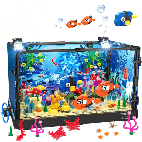 Fish Tank Building Set with LED Light - 697 PCS Movable Aquarium Building Toy with Jellyfish, Marine Animal Blocks with Ocean Fish, Corals, Crab, Birthday Gift for Boys Girls Kids 8-12