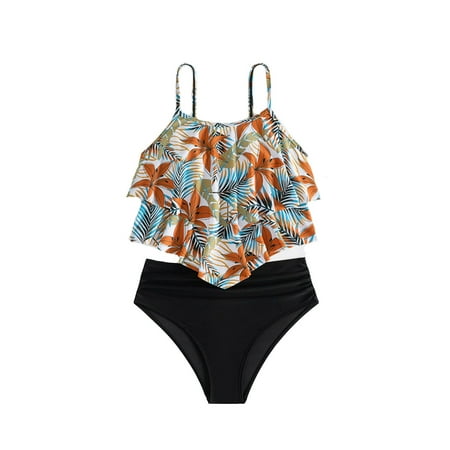 Toimothcn Girls Swimsuits Sleeveless Casual Hawaiian Floral Printed 2 Piece Bikini Set Quickly Dry Cover Up Swimwear 13-14 Years