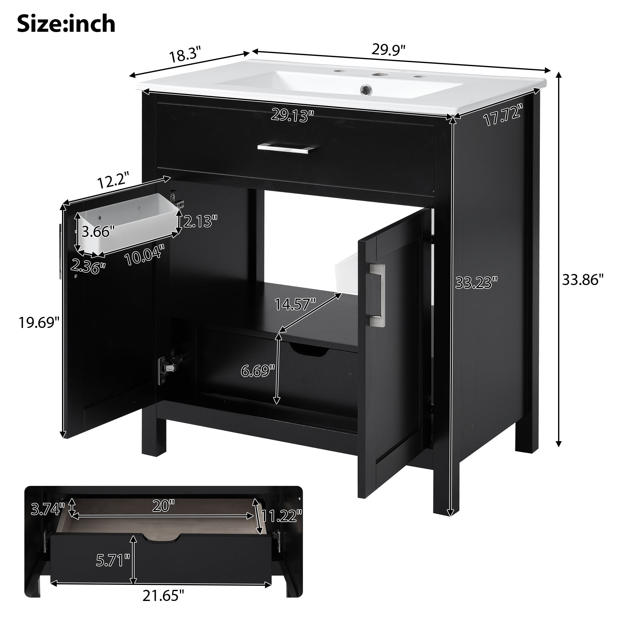 Euroco 30-Inch Bathroom Vanity with Ceramic Sink and Ample Storage - The Perfect Choice for Small Bathrooms