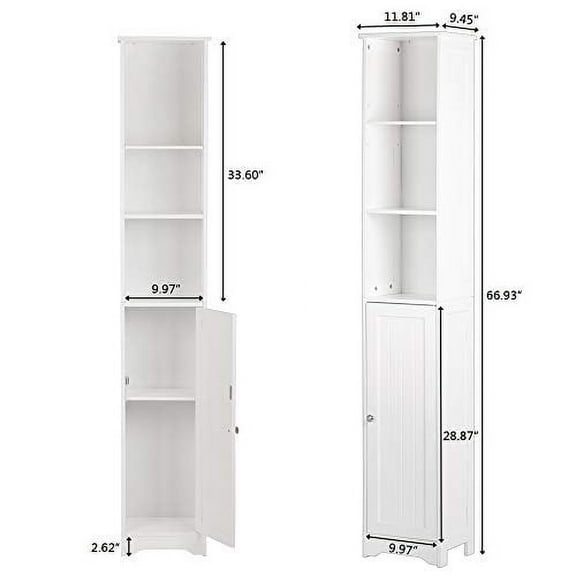 FCH 67" Tall Bathroom Cabinet, Slim Floor Cabinet White Narrow Storage Organizer with Adjustable Shelves, Space Saving Pantry Utility Storage