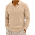 thumbnail image 3 of Men's Casual Solid Color Button Long Sleeve Polo Shirt, Henley Collar Sport Top for Gym, Casual Fridays and Everyday Comfort,Khaki,3XL, 3 of 7
