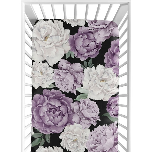 Sweet Jojo Designs Peony Floral Garden Black and Purple Girl Fitted Crib Sheet
