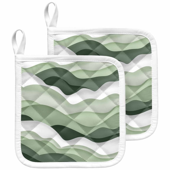 2 Pack Pot Holders for Kitchen Ombre Sage Green Hot Pads Heat Resistant Potholders with Hanging Loops Abstract Ocean Wave Coastal Oven Pot Holder Pads Set for Countertops Cooking Baking BBQ 8"x8"
